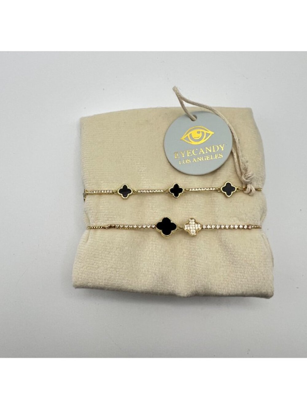 Set 2 Adjustable Gold-Tone Bracelets Black Clover Charms CZ Accents Eyecandy LA - Picture 9 of 9
